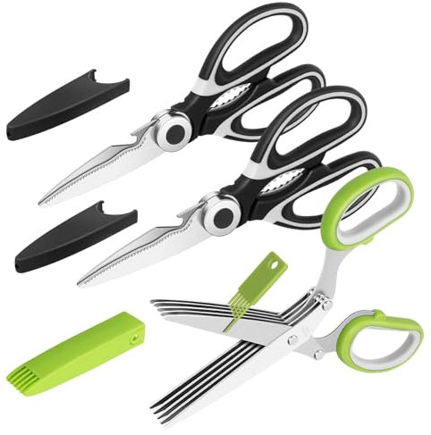 Vutyvve Tijeras de Cocina, Tijeras Multiusos para Carne y Aves, Tijeras Multi-Bordes, Hojas de Acero Inoxidable, 2 Tijeras de Cocina Negras 1 Verde, Juego de 3 Piezas