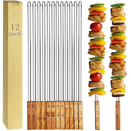 12 Pack Kebab Skewers BBQ Barbecue Skewers Stainless Steel Sticks 23.5 Inch Heavy Duty Large Wide Reusable with Nonslip Wooden Handle Ideal for Shish Kabob Chicken Shrimp and Vegetables