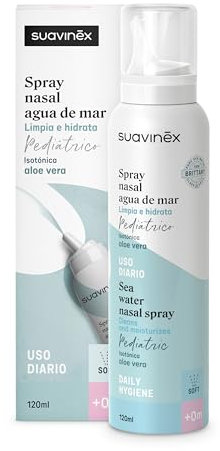 Suavinex, Spray Nasal para Bebés con Agua de Mar, Spray Pediátrico, Apto Recién Nacidos, Isotónico, para la Higiene Diaria, para Lavados Nasales, Limpia e Hidrata, con Aloe Vera, Fuerza Suave, 120 ml