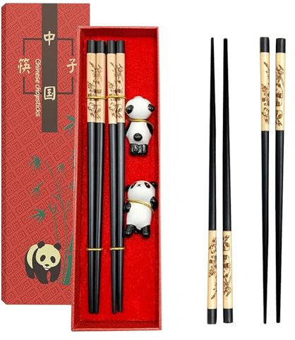 Set di bacchette cinesi con resto bacchette in legno riutilizzabili con supporto in ceramica panda, 2 paia di stoviglie tradizionali cinesi per principianti, con confezione regalo