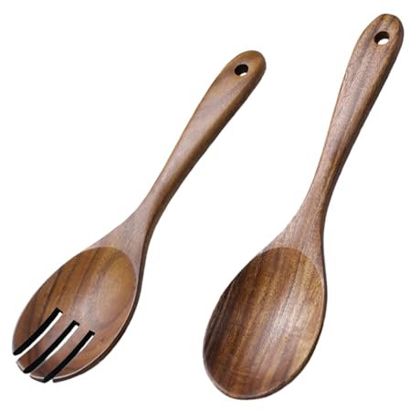 Lot de 2 couverts à salade en bois, cuillères de service en bois, fourchette et cuillère à salade à long manche