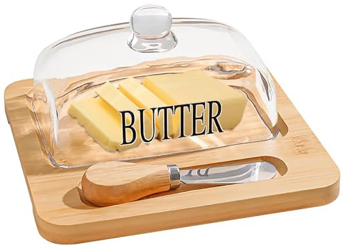 BORDEAG Boîte À Beurre: Design Élégant Avec Couvercle En Verre Et Bois Robuste, Adapté Au Lave-Vaisselle, Pour La Cuisine & Maison (19.6 x 19 x 8.5 cm)