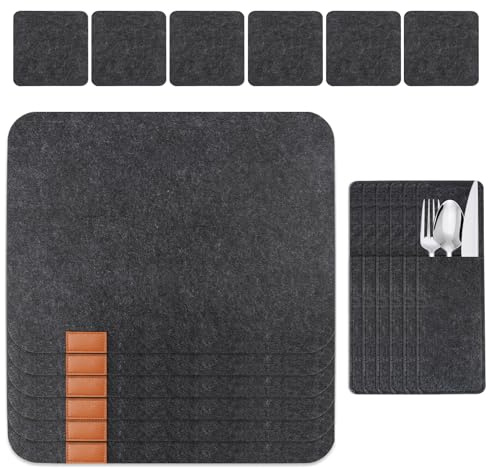 Beylce Placemats and Coasters Set of 6, Table Mats, Washable, Felt Set with 6 Placemats, 6 Glass Coasters, 6 Cutlery Pockets (Dark Grey, Rectangular)