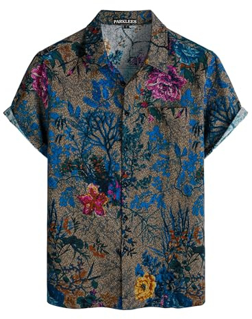 PARKLEES Men's Casual Linen Hawaiian Shirt Short Sleeve Button Down Shirts 70s Hippie Beach Vacation Tops Gray Peony Large