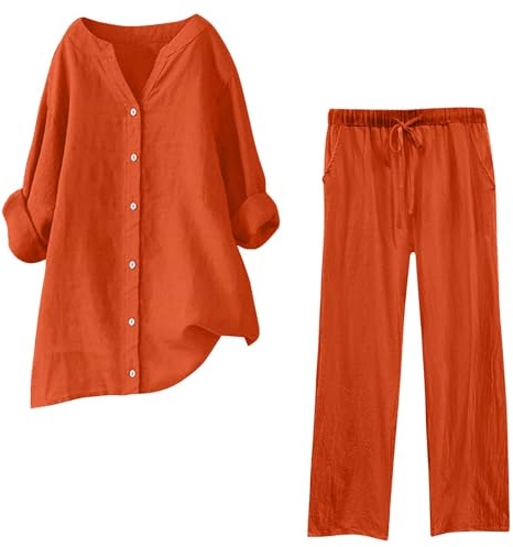 Lounge Wear Sets for Women UK Cotton Linen 2 Piece Outfits Oversized Long Sleeve Shirts and Trousers Ladies Co Ord Sets Loose Casual Trousers Suits Plus Size Womens Tracksuits Full Set Plus Size