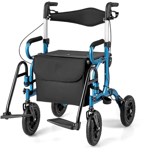 Andador con ruedas de 4 ruedas con asiento, plegable, ligero, andador de movilidad para personas mayores con asiento y ruedas, andador 2 en 1, ayuda para caminar con frenos ajustables