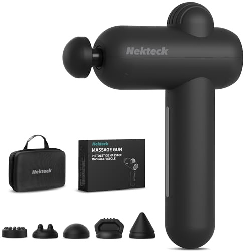 Nekteck Mini pistola de masaje de tejido profundo, pistola masajeadora muscular de percusión portátil con 5 cabezales de masaje, potente pistola de masaje pequeña con funda de transporte (Negro)