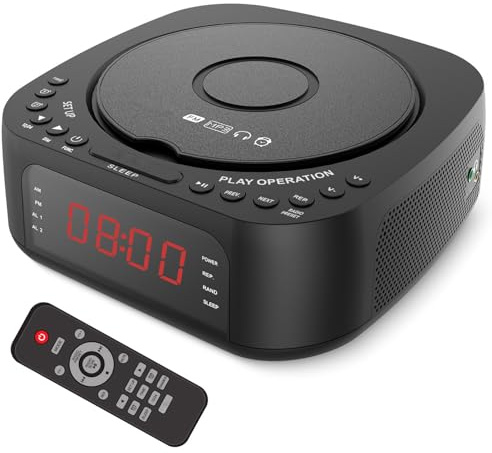 LICAEVEY Reloje de Despertador de Reproductor de CD, Reloj de Alarma de Radio FM, Radio de Carga USB de Transmisión de Escritorio Bluetooth Radio, Reproductor de CD con Control Remoto (Enchufe de la