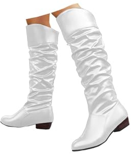 White Slouchy Knee High Boots for Women UK,Low Chunky Heel Boot with Side Zipper Round Toe Booties Ladies Casual Suede Shoes Winter Non Slip Dressy Comforable Wedge Warm Wide Flat Booties