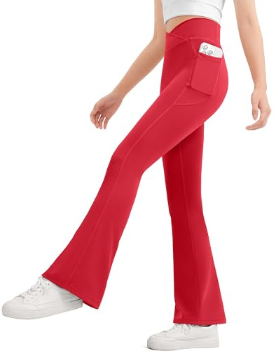 JOCMIC Girls Flared Kids Pants V Cross High Waisted Dance Yoga Athletic Leggings Red, 12-13 Years, Tag160