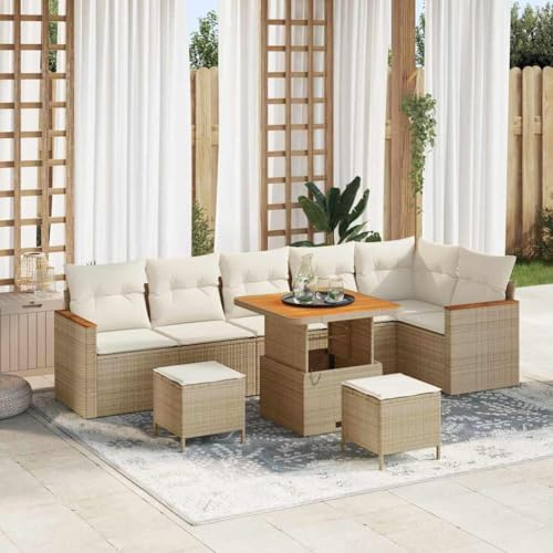 Frdhee Canapé d'angle, de terrasse, canapé d'extérieur, avec coussin de rangement, en polyrotin, groupe de bancs d'angle pour balcon, terrasse, cour arrière - Beige