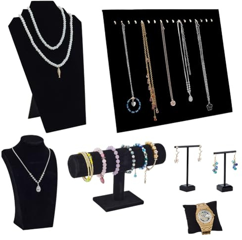 PH PandaHall Set di espositori per gioielli in velluto, 7 pezzi, nero, con barra a T, supporto per braccialetti, orecchini, espositori per orecchini, organizer per orologi, per la vendita di negozi e