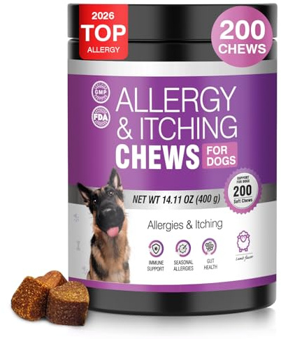 Dog Allergy Chews 200ct - Dog Allergy Itching Skin Relief & Immune Support Anti Itch Probiotics for Yeast, Itchy Skin and Itchy Ears, Vitamins for Seasonal Allergies Itchy Skin, Gut Health, Lamb