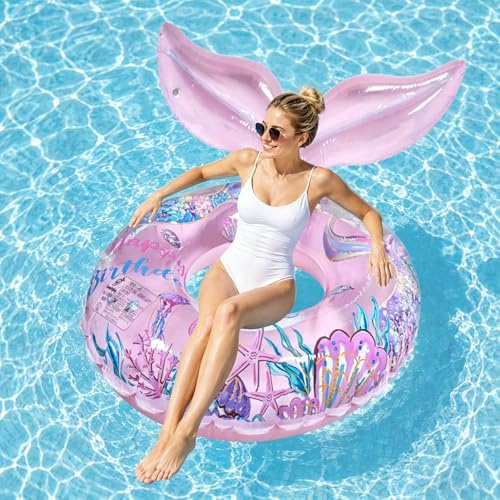 XIMEY Simring för vuxna, stor sjöjungfrusimring med glitter, uppblåsbar simring för vuxna och barn, vattenleksak för pool, fest, strand och sommar