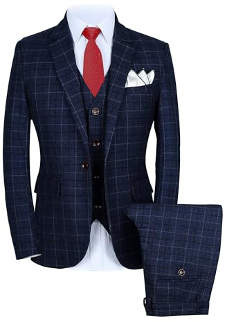 MOGU Traje de 3 Piezas a Cuadros para Hombre, Conjunto de Chaqueta, Chaleco y Pantalones para Bodas, Bailes de graduación y Negocios, Azul, 36