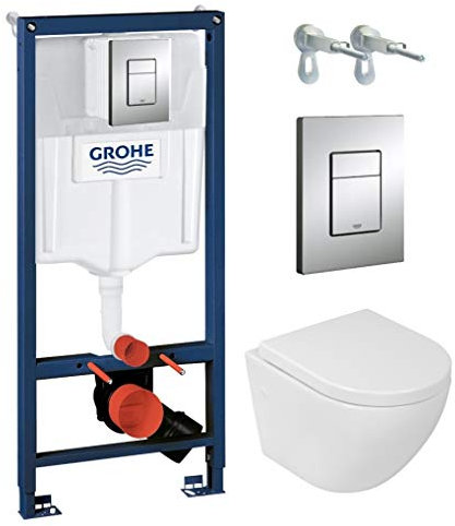Grohe Vorwandelement inkl. Drückerplatte chrom + Lavita Wand WC Sofi ohne Spülrand + WC-Sitz mit Soft-Close-Absenkautomatik + Wand-Halter-Set