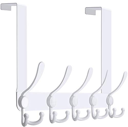 WEBI Over The Door Hook Rack with 5 Tri Hooks for Hanging Coats,Over Door Hanger Coat Rack Over The Door Towel Rack Towel Hanger for Behind Back of Bathroom,White