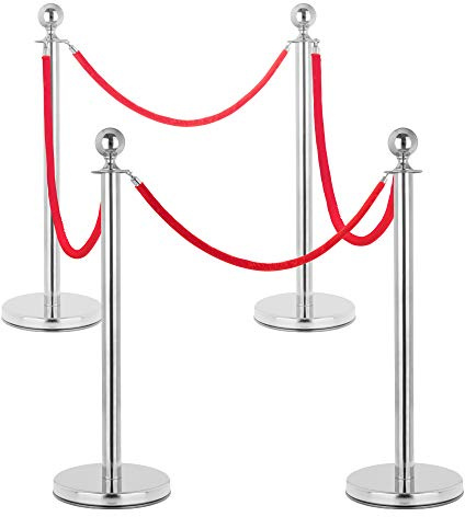 Stagecaptain PLS-150 Deluxe 4.4-150S Absperrständer Personenleitsystem - 4 Edelstahl-Stative und 4 rote Seile mit 1,5m Länge - Für Konzerte, Ausstellungen, Hotels, Kinos u.v.m. - silber