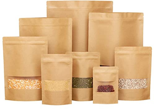 Acidea stående påsväskor, 100-pack kraftpåse med rivhack och matt fönster, återförslutningsbar matförvaringsväska med dragkedja (11 x 19 cm)