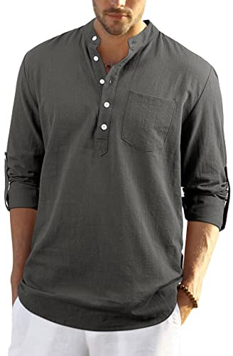 Enlision Camisa de Lino Manga Larga para Hombre Camisas Informales de Verano Camisa Suelta de Ocio de Color Sólido con Botónes Top con Bolsillo