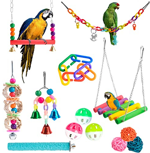 MINISOISO Jouets pour perroquets Lot de 13 Jouets pour perroquets pour Oiseaux Jouet à Mâcher,Colorés Balançoires,Échelles,Perchoirs,Cloches pour Birdie Perroquet Pinsons Perruches