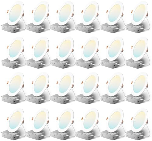 Amico 24 Pack 6 Inch 5CCT Ultra-Thin LED Recessed Ceiling Light with Junction Box, 2700K/3000K/3500K/4000K/5000K Selectable, 1050 Lumens, Dimmable Canless Wafer Downlight, 12W Eqv 110W-ETL&FCC
