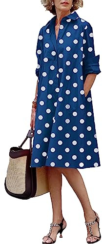 amropi Vestido Mujer Lunares Cuello en V Manga Larga Casual Verano Midi Vestidos con Botones