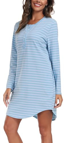 Vlazom Camicia da Notte da Donna Camicia da Notte Lunga da Donna in Cotone Manica Lunga a Righe Bottone Frontale con Tasca Abito da Notte da Donna,S,Azzurro