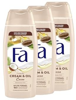 FA Duschgel Cream & Oil Cacao (3 x 250 ml), närande duschkräm, njut av den milda och veganska formeln med den bortskämda doften av kakaosmör, 94 % naturliga ingredienser