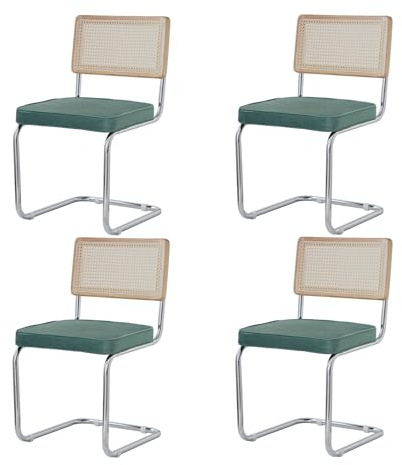 BenyLed Pack 4 Sillas de Comedor Estilo Nórdico Silla Escandinava; Sillas de Cocina Modernas con Respaldo de Madera Maciza de Ratán y Asiento Tapizado (Verde holandés Terciopelo)