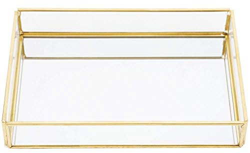 Retro spegelbricka, dekorativ bricka guld glasbricka vintage metall glas förvaringslåda kosmetika arrangör förvaring för parfym smycken och smink sminkbord, standard, Rechteckiges Medium, Vintage