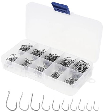 200 Stück Angelhaken, Angelhaken aus Kohlenstoffstahl mit Kunststoffbox, 10 Größen Stachelangelhaken Ösenhaken (3# - 12#)