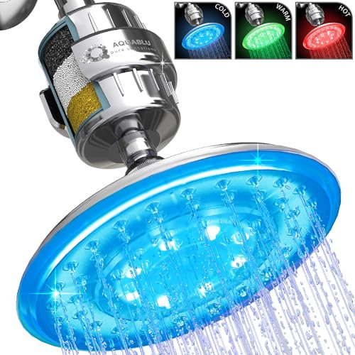 Cabezal de ducha LED grande de 8 pulgadas + filtro de ducha sin BS – 99% de eliminación de filtro de cabezal de ducha para agua dura, cloro, metales pesados, fluoruro, micro-vida, orgánicos y mucho