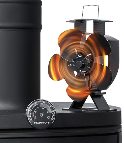InoKraft Kaminventilator 5 Flügel Ofenventilator Ohne Strom mit Thermometer, Leiser Betrieb, Kaminöfen Wärmebetriebener Ventilator, Hitzebetrieben stove fan für Holzbrenner/Kamin, Geschenk für Eltern