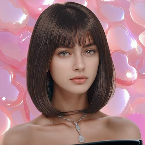 BUYOGET Reddish Brown Bob Wig with Fringe 12 Inch Short Straight Costume Wigs for Women Cosplay Party Halloween