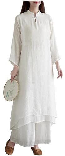 DAYKET Abbigliamento Tai Chi per Donna, Set Tradizionale Cinese Kung Fu Uniforme In Cotone+Lino per La Meditazione Zen Arti Marziali Wing Chun Wear,White-XL
