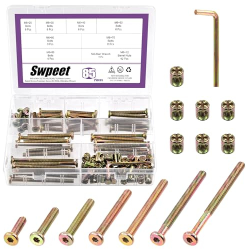 Swpeet Set di 85 viti zincate colorate M6 da 20/30/40/50/60/70/80 mm, testa esagonale per lettino per bambini e dadi cilindrici con 1 chiave Allen, perfetto per mobili, lettini, viti per lettini