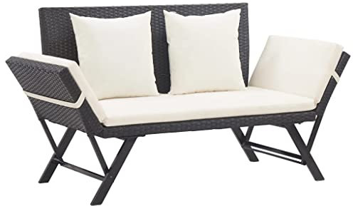 SDWEHO7 Sonnenliege, Wetterfest Gartenliege, Gartenmöbel, Balkonbank für Garten, Terrasse und Balkon, Gartenbank mit Rückenlehne und Auflagen, 176 cm Schwarz und Weiß Poly Rattan