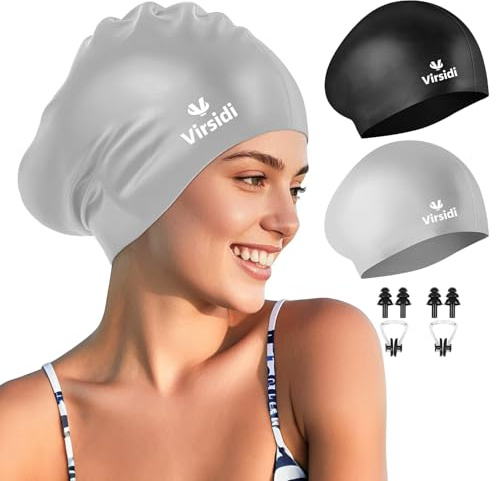 2 Pack Large Swim Caps for Long Hair, Silicone Swimming Cap for Adult Women Men, Waterproof Swim Hats Bathing Caps to Keep Hair Dry with Bonus Nose Clip and Earplugs-06