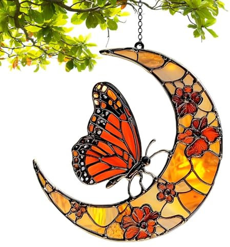 Zuasdvnk Attrape-soleil papillon pour fenêtre - Motif papillon et lune de fleurs - Décoration artistique acrylique pour intérieur et extérieur