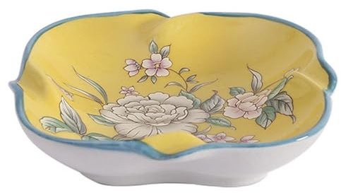 Ceramic Trinket Dish Tray for Earrings Necklaces Ring Watch Keys, Chinese Painting Rounded Square Jewelry Tray Key Bowl Soap Dish Decorative Plate for Sisters Daughter Mother Yellow