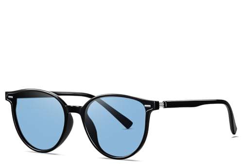 KANASTAL Gafas de Sol Cristal Azul Hombres y Mujer Polarizadas Redondas Claro Vintage Retro Nauticas Conducción UV400 Blue Sunglasses - Montura Negras Lentes Azul Transparentes