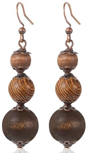 Ymapinc Brown Beaded Wooden Earrings, Beaded Dangle Wood Earrings for Women Bohemian Jewelry Vintage Ethnic Statement Lightweight Three Wooden Beads Ball Dangle Tribal Bohemian Chain Gifts