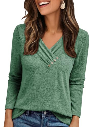 Cuptacc Pulls Femme Confortable Doux avec Bouton Couleur Unie Coton Ample Haut Estivales Léger Loisirs Tee Shirt Manche Longue Femme Vert S