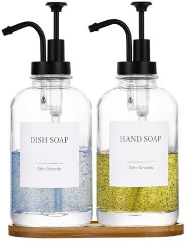 Glass Soap Dispenser with Pump, Dish and Hand Soap Dispenser for Kitchen Bathroom Set, Clear Glass Dispenser Set of 2 Pack with 18 Stickers Funnel Bamboo Tray 500ml 18oz / Each Bottle Sliver Pump