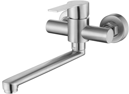 Tondiy Robinet de Cuisine Mural 110 mm, Mitigeur d'Evier Mural Rotatif à 150°, Robinetterie Encastré Monocommande en Acier Inoxydable 304, Bras Pivotant 21 cm, Aérateur Démontable, Brossé