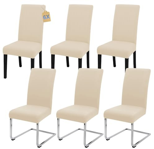 SUKAIKEQA Fundas elásticas universales para sillas (Juego de 4/6/8 Piezas con Respaldo) para salón, Cocina, Oficina, Comedor, Fundas para sillas de Fiesta, Lavables y extraíbles. (6, Blanco Roto)