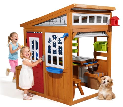 VEVOR Outdoor Playhouse, Cedar Wooden Kids Playhouse with Bird Nest, Doorbell, Trash Bin, Gravity Wall Set, Storage Pocket, Windowsill, Wooden Kids Cottage for Aged 3 to 10, Rounded Corners