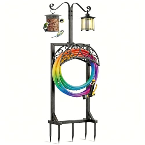 CJGrowMore 3-in-1 Garden Hose Holder with Bird Feeder & Lantern Hook, Heavy Duty Metal Freestanding Hosepipe Stand, Decorative Water Pipe Organiser with 3-Prong Anchor for Outside Yard Lawn (Black)