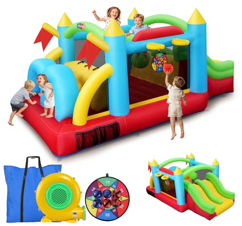 Gran Castillo Hinchable para niños, 2 en 1, Juego Inflable de trampolinburg, Carrera de obstáculos Inflable para jardín, Juego Completo con Ventilador (conectable B)